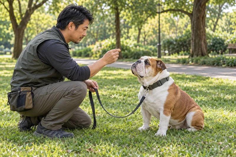 Adestrador agachado mostra um petisco a um buldogue sentado de guia em um parque.