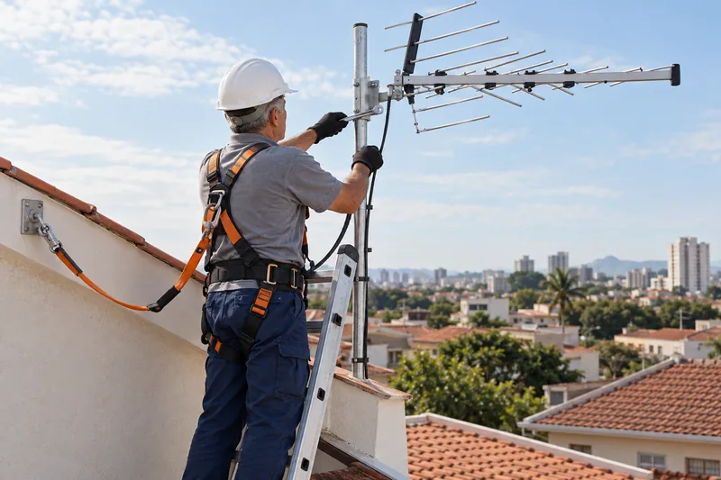 Antenista com capacete e cinto de segurança fixa uma antena externa no alto de uma casa.