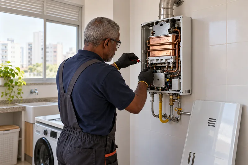 Técnico de luvas faz manutenção em um aquecedor a gás aberto na parede da área de serviço.