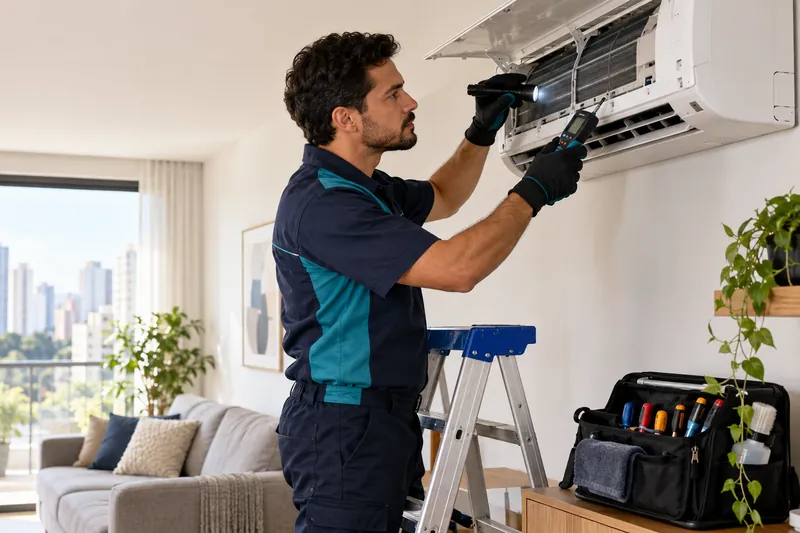 Técnico inspeciona a unidade interna de um ar-condicionado split em apartamento.