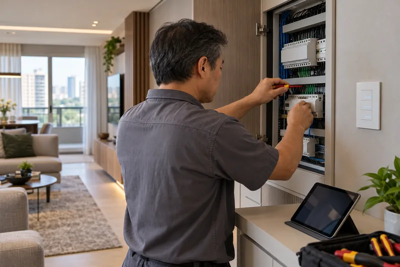 Técnico ajusta módulos de automação em um quadro embutido na parede de um apartamento.