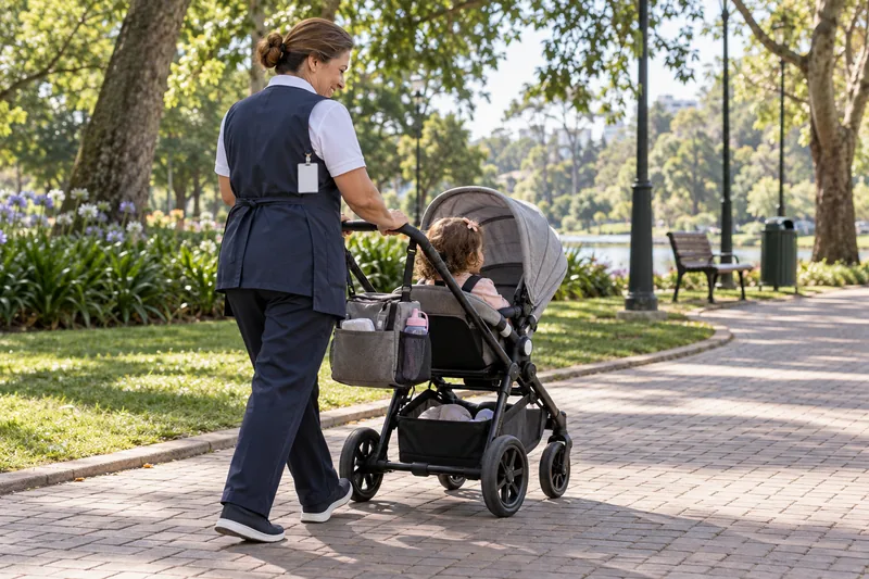 Babá sorri enquanto empurra o carrinho de uma criança pequena em um parque.