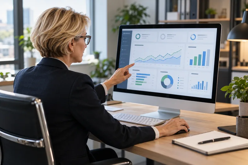 Profissional analisa gráficos financeiros no computador em um escritório.