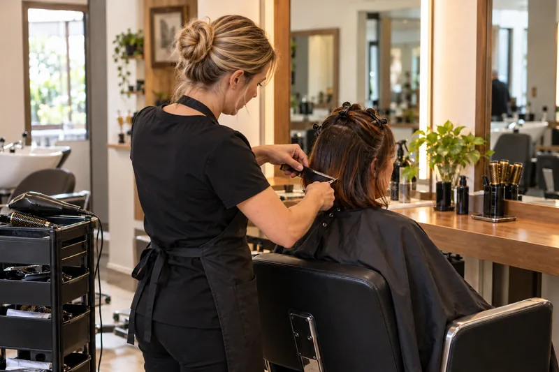 Cabeleireira corta o cabelo de uma cliente sentada em um salão.
