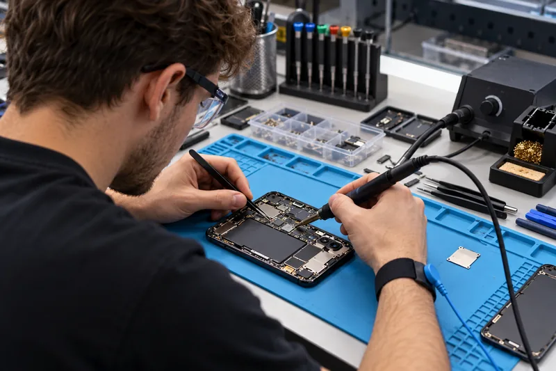 Técnico conserta um celular aberto em uma bancada com ferro de solda.