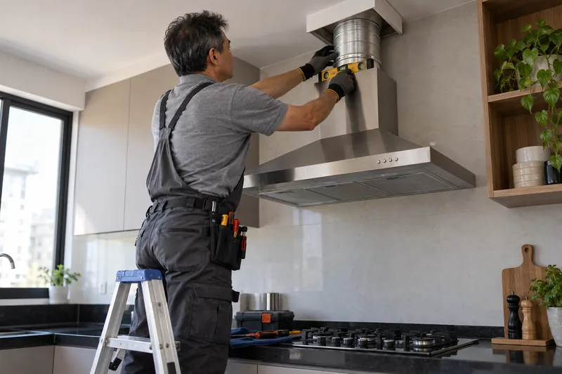 Instalador em escada confere com nível o duto de uma coifa de inox sobre o cooktop da cozinha.