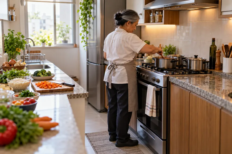 Cozinheira mexe uma panela no fogão de uma cozinha com legumes cortados sobre a bancada.