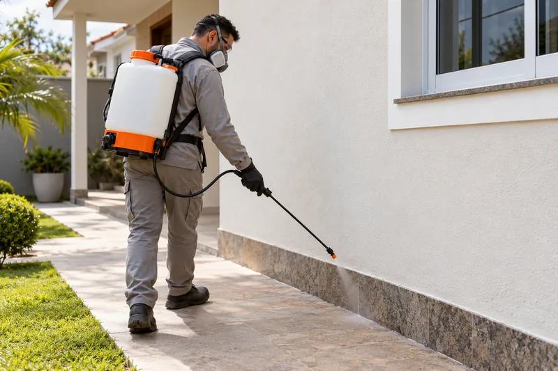 Dedetizador com máscara e pulverizador costal aplica produto no rodapé externo de uma casa.