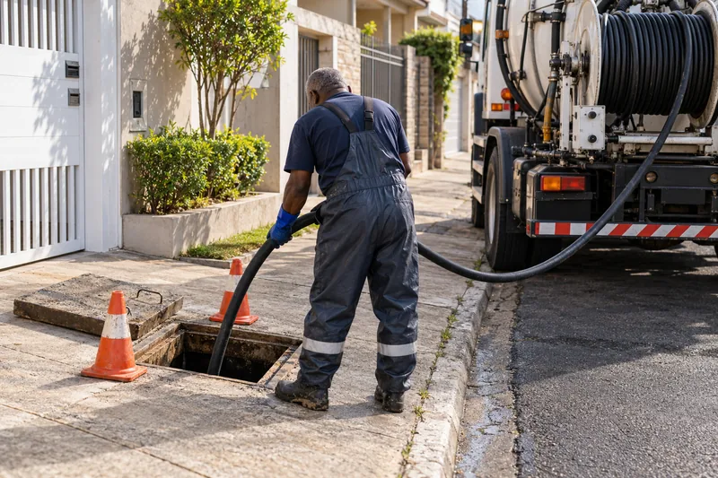 Profissional desentope uma rede de esgoto com mangueira de hidrojateamento ligada a um caminhão.