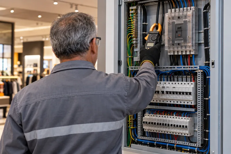 Eletricista de costas mede a corrente de um quadro elétrico comercial com alicate amperímetro.