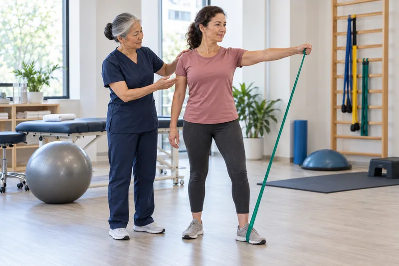 Fisioterapeuta acompanha uma paciente que faz exercício de ombro com faixa elástica em uma clínica.