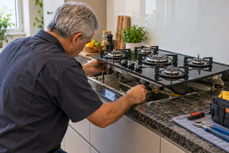 Técnico trabalha na conexão de um cooktop a gás de cinco bocas encaixado na bancada de granito da cozinha.