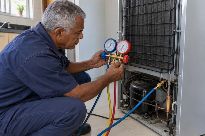 Técnico usa um manifold na linha de refrigeração atrás de uma geladeira.