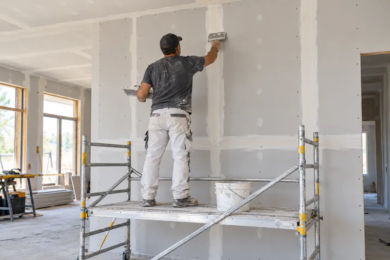 Profissional sobre um andaime aplica massa nas juntas de uma parede de drywall.