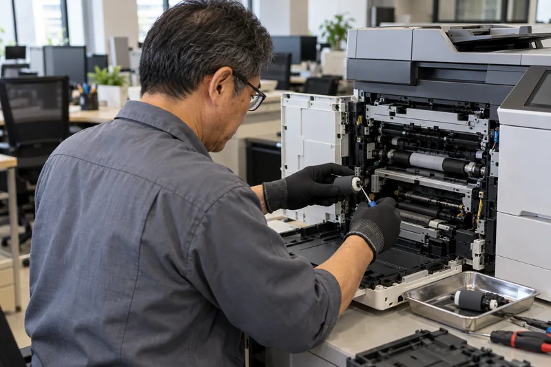 Técnico de luvas faz manutenção nos rolos de uma impressora multifuncional aberta em um escritório.