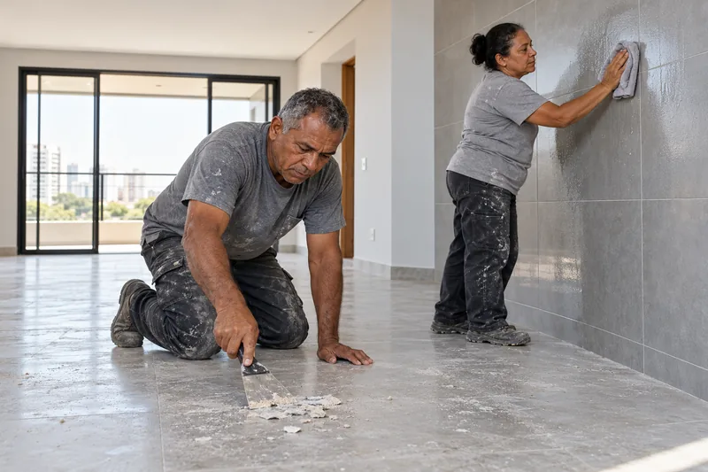 Profissionais fazem limpeza pós-obra no piso e nos azulejos de um apartamento.