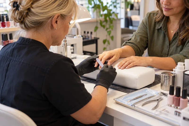 Manicure de luvas lixa as unhas de uma cliente em uma mesa de atendimento.