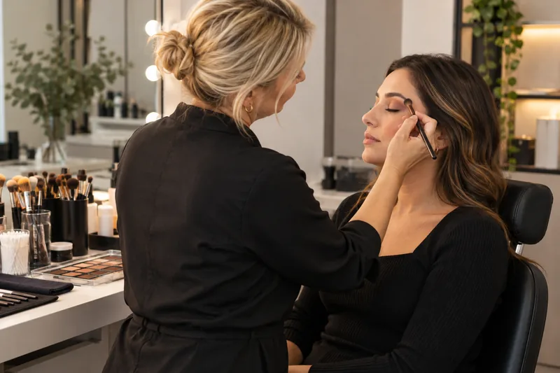 Maquiadora aplica sombra nos olhos de uma cliente sentada em um estúdio de maquiagem.