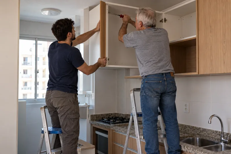 Marceneiro e ajudante instalam um armário superior sob medida em uma cozinha pequena.