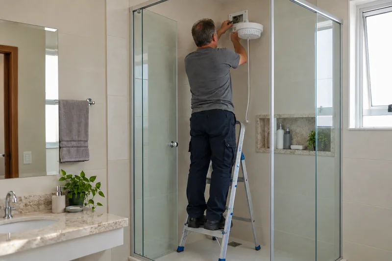 Profissional sobre uma escada instala um chuveiro no banheiro de um apartamento.