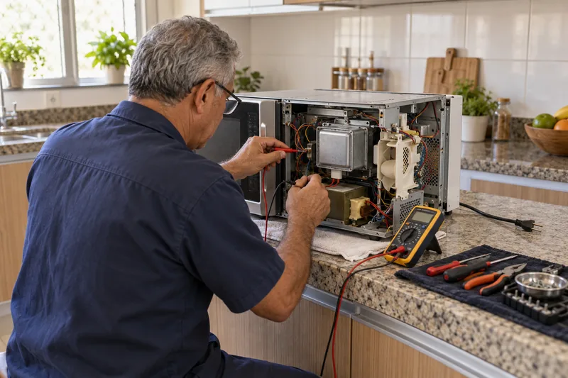 Técnico mede com multímetro os componentes de um micro-ondas aberto sobre a bancada da cozinha.