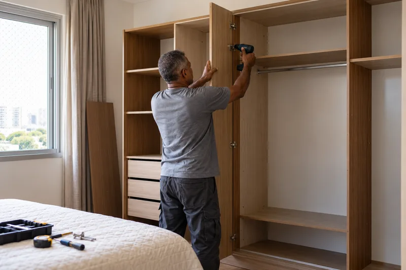 Montador de móveis fixa a estrutura de um guarda-roupa em um quarto.
