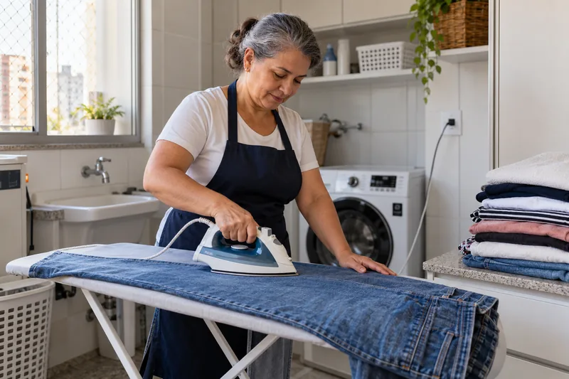 Passadeira passa uma calça jeans na lavanderia de um apartamento.
