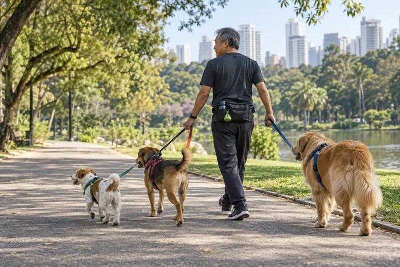 Passeador caminha com três cães de guia por um parque à beira de um lago.