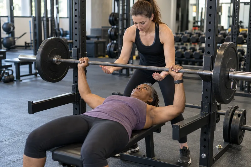 Personal trainer auxilia com segurança uma aluna no supino em uma academia.