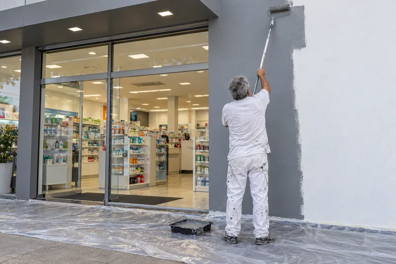Pintor de costas aplica tinta cinza na fachada de uma farmácia com rolo extensor.