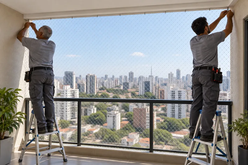 Dois instaladores em escadas fixam uma rede de proteção na sacada de um apartamento alto.