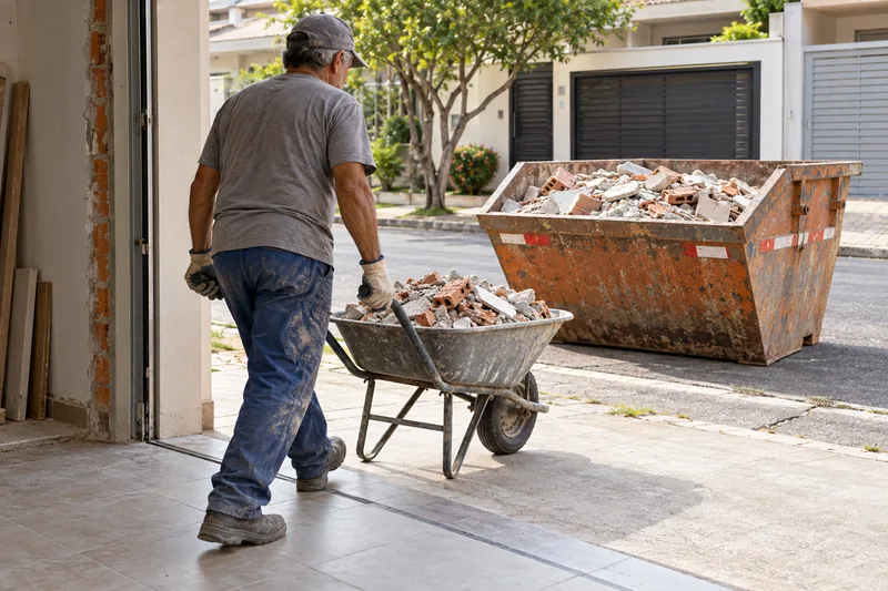 Trabalhador leva um carrinho de mão com entulho de obra até uma caçamba na frente de uma casa.