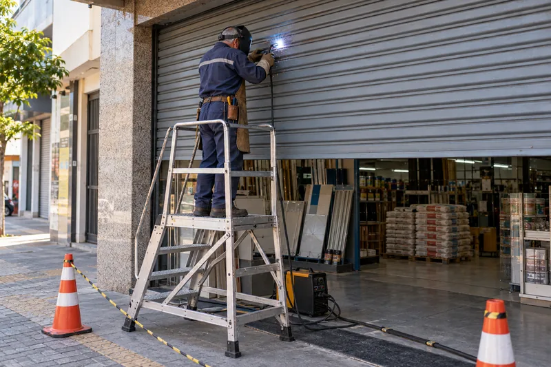 Serralheiro sobre uma escada solda a porta de enrolar de uma loja.