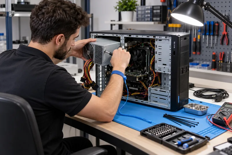 Técnico de informática troca a fonte de um computador aberto em uma bancada.