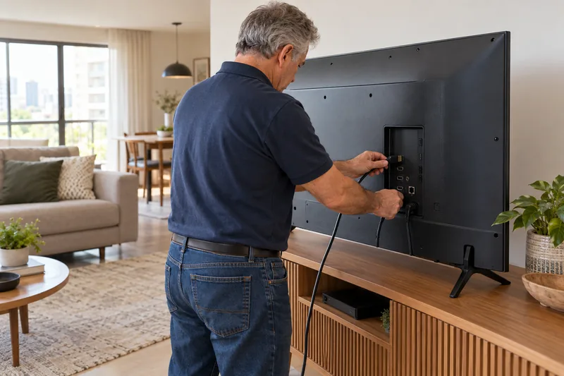 Técnico de costas conecta um cabo HDMI na traseira de uma TV sobre o rack da sala.