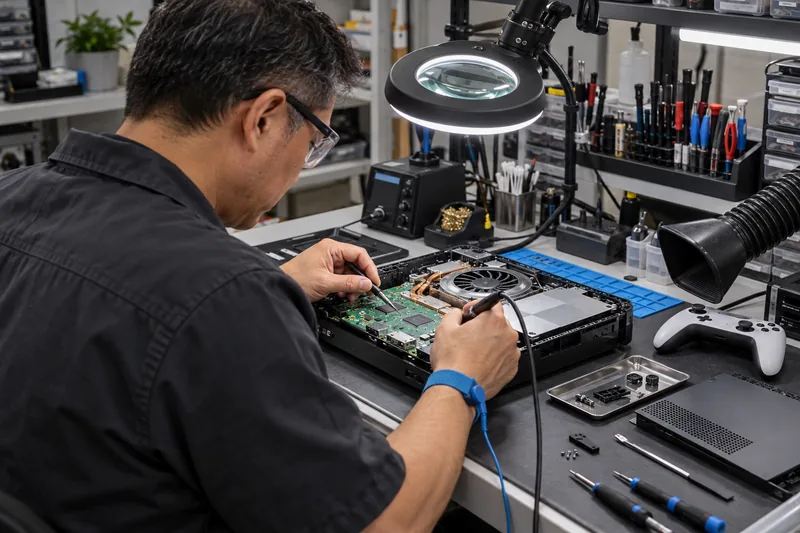 Técnico usa ferro de solda na placa de um console de video game aberto sobre a bancada.