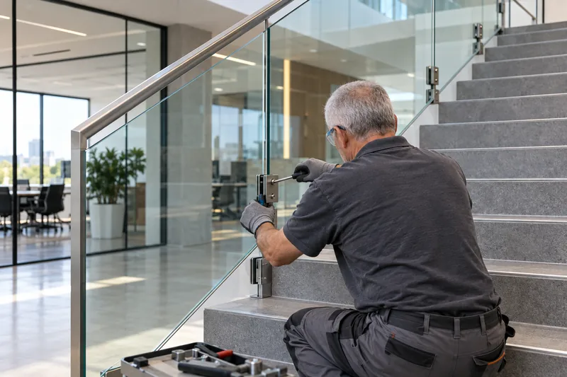 Vidraceiro fixa um guarda-corpo de vidro em uma escada.